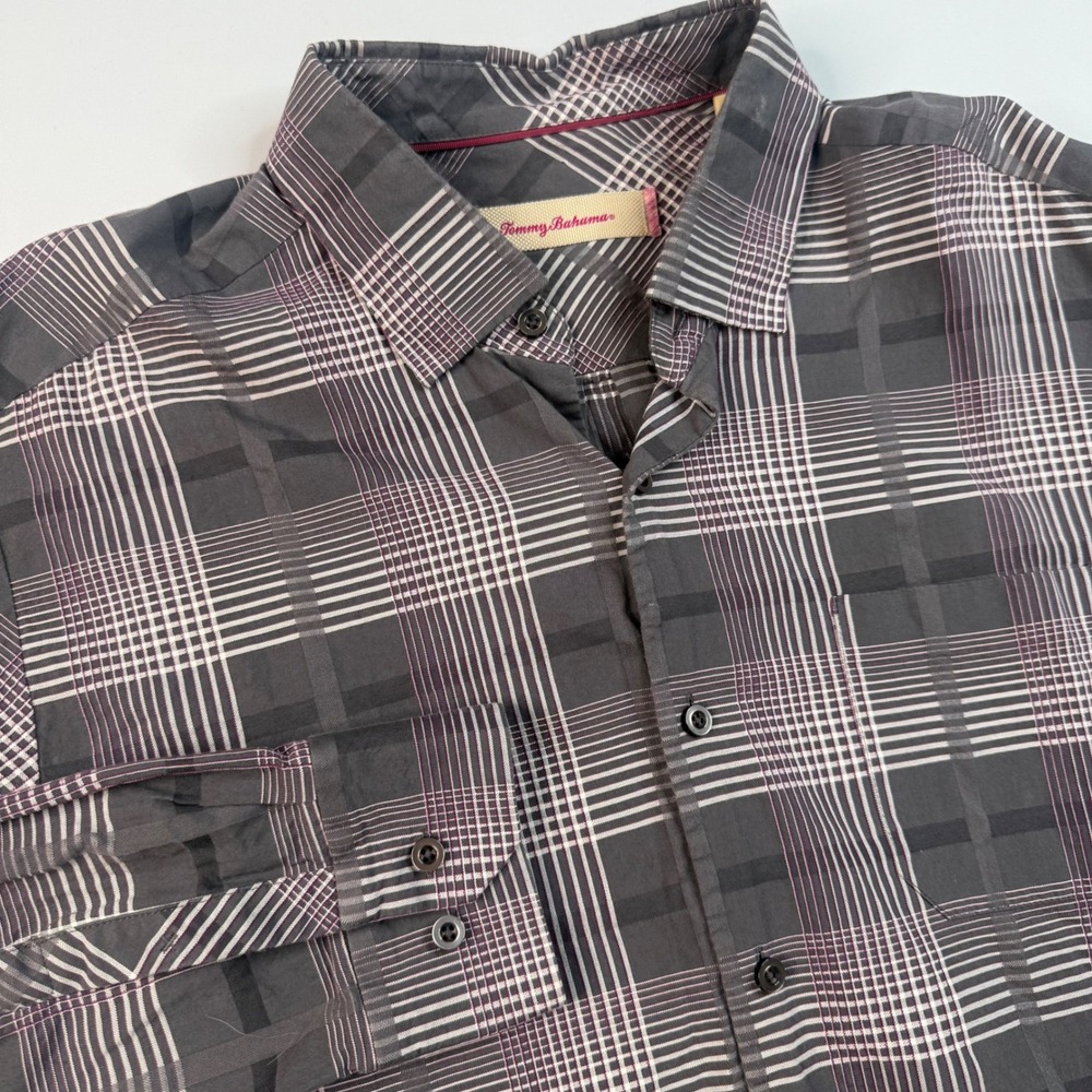 Tommy Bahama Button Down Shirt Mens Large Gray Plaid Silk Blend Long Sleeve
